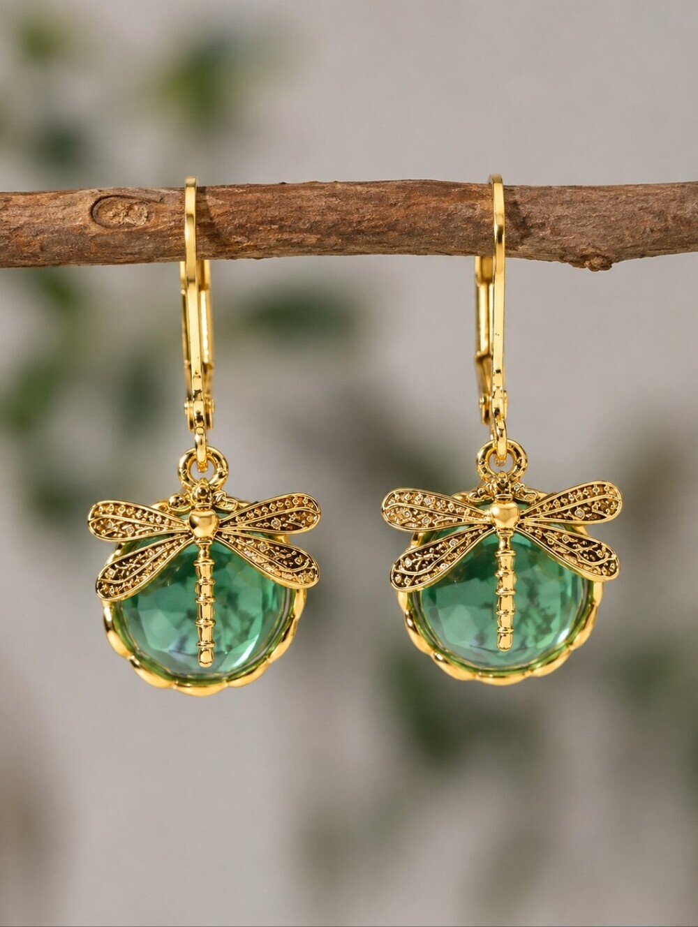 Green Cabachon  Dragonfly Earrings